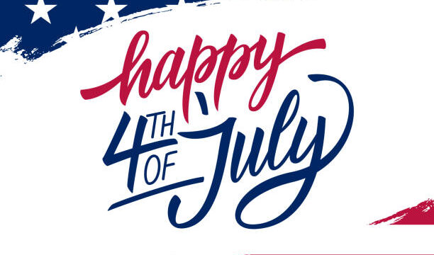 Happy Independence Day greeting card with brush stroke background in United States national flag colors and hand lettering text Happy 4th of July. Vector illustration.